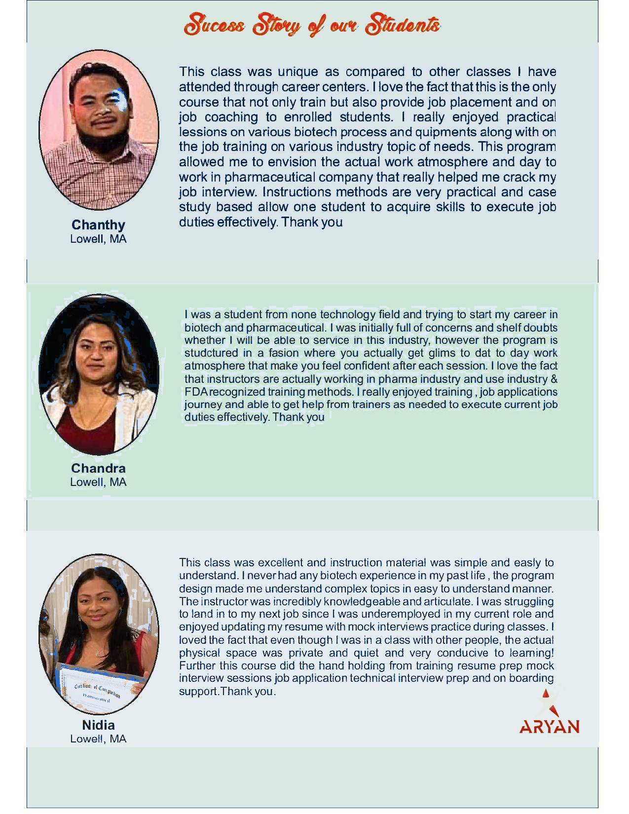 Student success stories pamphlet page featuring Chanthy, Chandra, and Nidia graduate feedback
